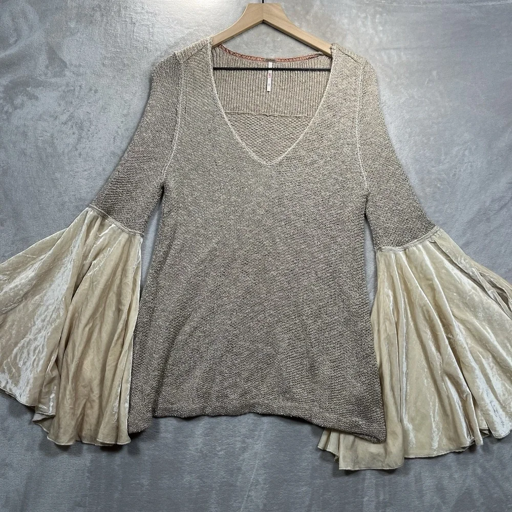 Free People Neutral Tan Celestial Metallic Sweater Bell Sleeves Boho XS